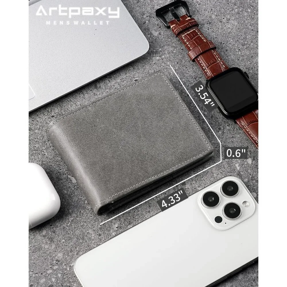 Men's Classic Bifold Wallet Card Gray Style Genuine Leather 2 Cash Pockets